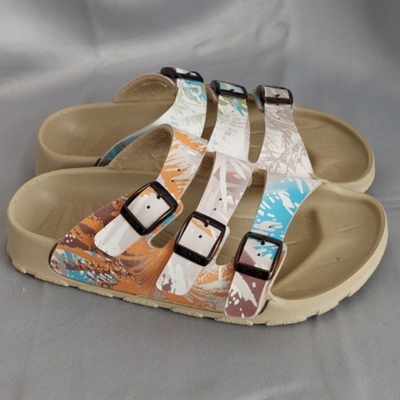 Birkenstock "Birkis" Flat Sandals, Size 36, White Floral w/ Three Buckle Straps - Picture 3 of 8